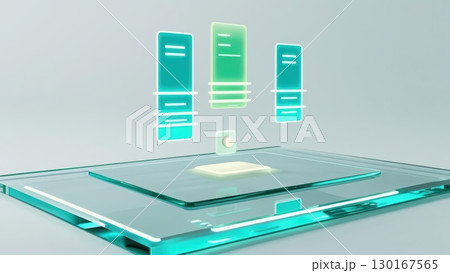 Futuristic digital data exchange concept with holographic floating screens and glowing platform in a minimalistic high-tech environment 130167565