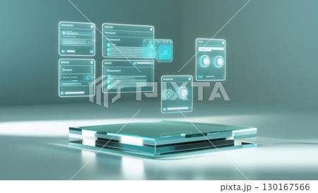 Futuristic holographic interface displaying multiple digital screens with data management and control panels in a high-tech environment 130167566