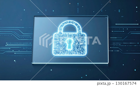 Digital security concept featu a glowing lock icon on a circuit board background representing cybersecurity and data protection technology 130167574