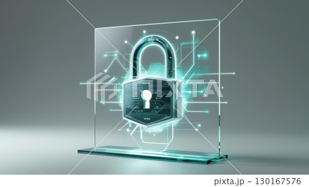 Modern digital security concept featu a futuristic lock with glowing biometric patterns and holographic interface elements representing cybersecurity protection 130167576
