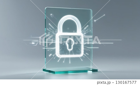 Transparent glass plaque with illuminated digital lock icon representing cybersecurity and data protection in a futuristic technology concept Transparent glass plaque with illuminated digital lock icon representing cybersecurity and data protection in a futuristic technology concept 130167577