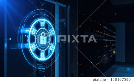 Advanced digital security interface showing a futuristic lock screen with holographic elements and data encryption in a high-tech cybersecurity environment 130167590