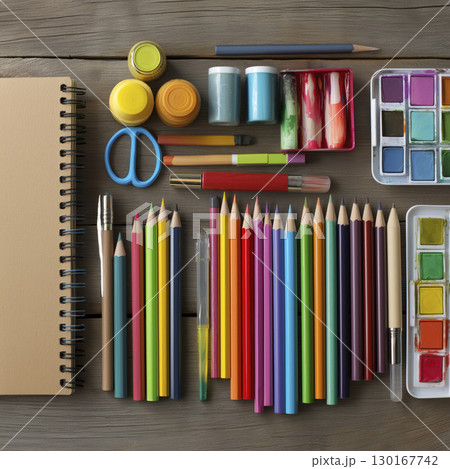 Colorful art supplies including colored pencils, watercolor paints, brushes, scissors, and notebooks arranged wooden surface, creating vibrant 130167742