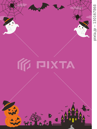 城やお化けが集まっているオレンジ色の空のハロウィンの縦向きのフレームイラスト 130167868
