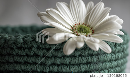 Close up of white daisy flower resting on textured green fabric surface, highlighting delicate petals and vibrant center with soft, neutral background 130168036