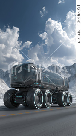 Futuristic electric truck with smart digital windows driving on mountain road under cloudy sky, showcasing advanced technology and sleek design, evoking innovation and progress 130168051