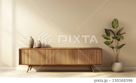 Wooden brown sideboard table and vas clay decoration modern aesthetic long desk 130168396