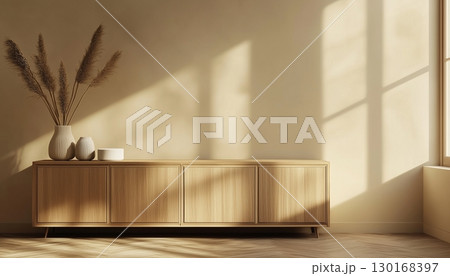 Wooden brown sideboard table and vas clay decoration modern aesthetic long desk 130168397