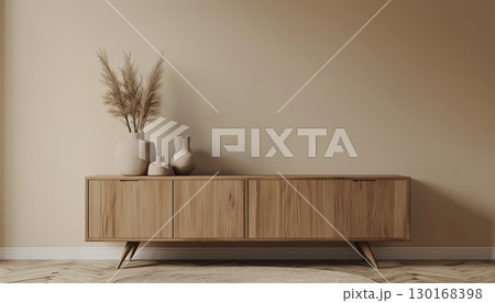 Wooden brown sideboard table and vas clay decoration modern aesthetic long desk 130168398