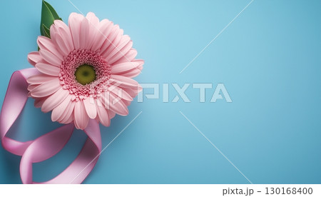 pink flower ribbon tied knot on solid blue background 130168400