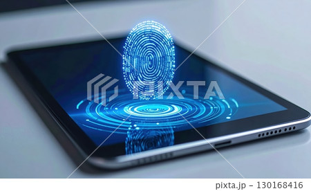 Close-up of a futuristic tablet with a fingerprint scanner displaying a glowing blue fingerprint pattern for biometric security technology and digital identification 130168416