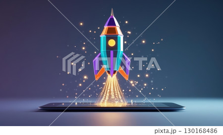 Vibrant colorful rocket launching from a tablet screen with sparks and light trails in a digital space theme representing technology and innovation 130168486