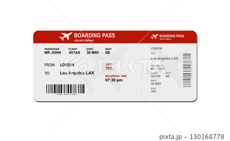 Airline boarding pass ticket mockup with passenger details, flight number, departure, destination, gate, seat, and barcode. 130168778