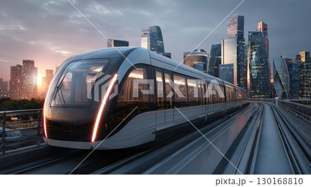 Modern train on elevated track with city skyline at sunset, sleek design and reflective glass windows create dynamic urban scene 130168810
