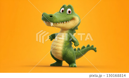 Cute green crocodile cartoon character with big eyes and friendly smile standing on orange background 130168814