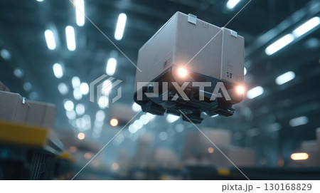 Autonomous flying delivery drone carrying cargo box inside futuristic warehouse with bright lights and blurred background Autonomous flying delivery drone carrying cargo box inside futuristic warehouse with bright lights and blurred background 130168829