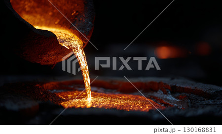 Molten metal pouring from crucible into mold glowing bright orange in dark foundry environment 130168831