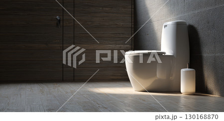 Modern white toilet with closed lid in stylish bathroom featuring dark wood and textured gray tile walls, creating calm and clean atmosphere 130168870