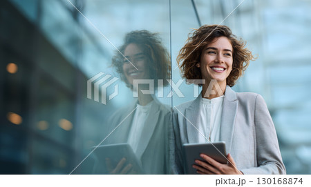 Smiling professional woman with curly hair holding tablet and leaning on glass wall in modern office environment with natural light 130168874