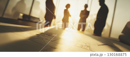 Strategic planning session with business team discussing project blueprint in warm sunlight and soft focus creating long shadows 130168875