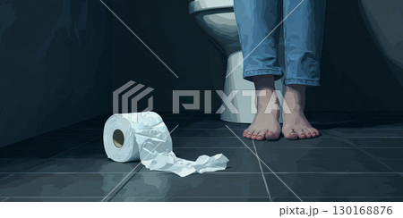 Barefoot person sitting on toilet with crumpled toilet paper roll on dark tiled floor in bathroom 130168876