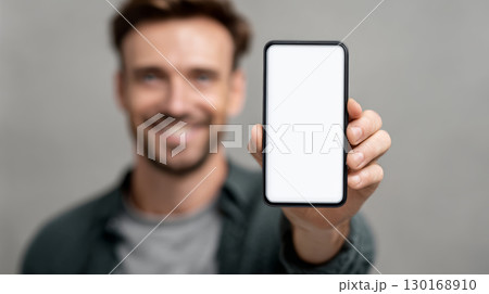 Smartphone man hand blank screen technology smiling adult casual male holding isolated front view communication digital device 130168910
