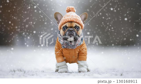 雪の中で防寒着を着たフレンチブルドッグ 130168911