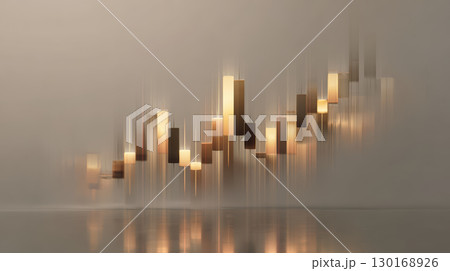 Abstract light installation with warm glowing rectangular shapes and soft reflections on smooth surface, creating calm and modern atmosphere 130168926