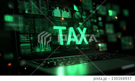 Tax concept with glowing green text on laptop screen showing financial data and charts in dark environment 130168937