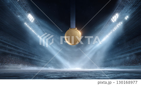 Gold medal hanging in bright spotlight with empty stadium background, symbolizing victory and achievement in sports competition 130168977