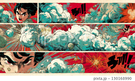 Angry character with intense expression amid explosive smoke and fiery bursts in dynamic comic book style action scene 130168990