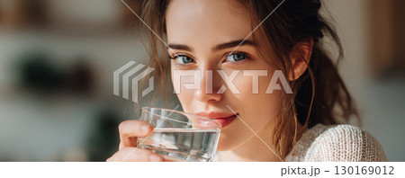 Young woman holding glass of water close to lips with soft natural light and warm cozy atmosphere Young woman holding glass of water close to lips with soft natural light and warm cozy atmosphere 130169012