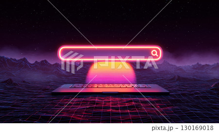 Neon search bar glowing above laptop keyboard with digital sunset and futuristic grid landscape under starry sky at night 130169018
