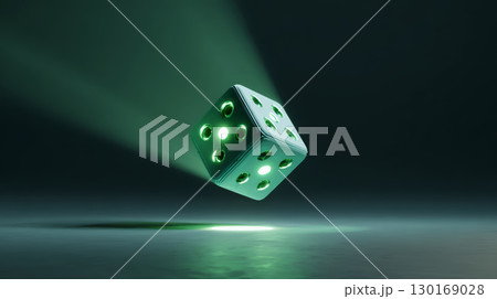 Glowing green dice floating above reflective surface with dark background creating mysterious and futuristic atmosphere 130169028