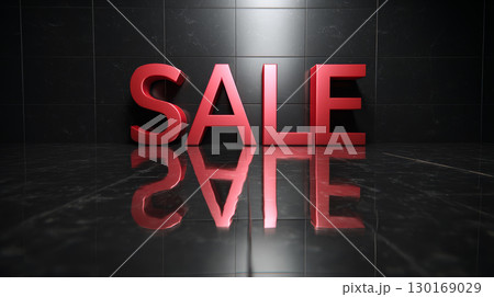 Sale word with red letters and reflection on black marble floor in dark room with spotlight 130169029