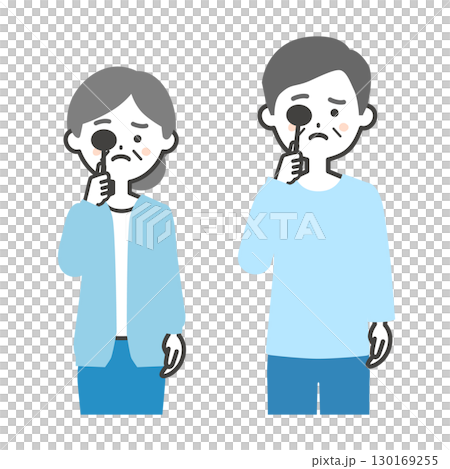 Illustration of an elderly man and woman with troubled faces hiding one eye with a blindfold 130169255