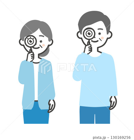 虫眼鏡でこちらを見る年配の男女イラスト 虫眼鏡でこちらを見る年配の男女イラスト 130169256