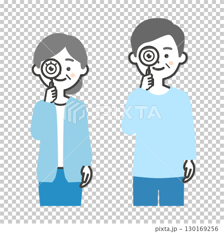 Illustration of an elderly man and woman looking through a magnifying glass 130169256