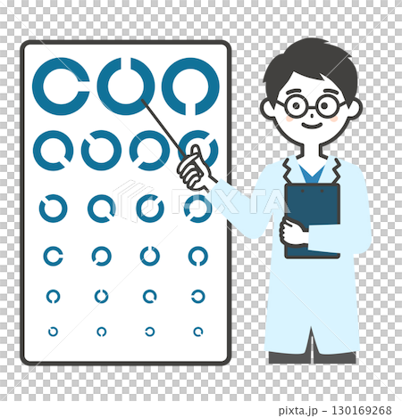 Illustration of a male ophthalmologist with glasses pointing at an eye chart 130169268