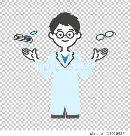 一位男性眼科醫生比較隱形眼鏡和眼鏡的插圖 130169274