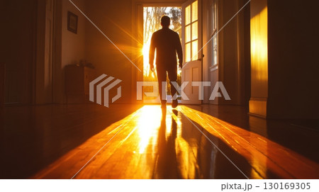 man walking towards sunlight through open door 130169305