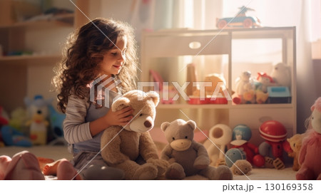 little girl playing with stuffed animals in sunny room 130169358