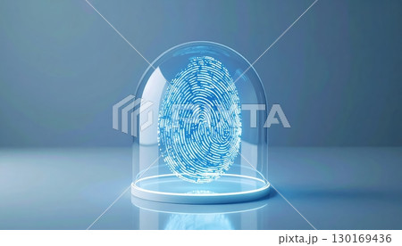 Futuristic digital fingerprint scanner hologram glowing blue security technology concept with transparent dome display on sleek surface for biometric authentication 130169436