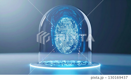 futuristic digital fingerprint scanner with holographic interface for biometric security and identity verification in a high tech environment 130169437