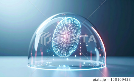 High tech digital fingerprint recognition technology with glowing fingerprint scan inside futuristic glass dome on dark background 130169438