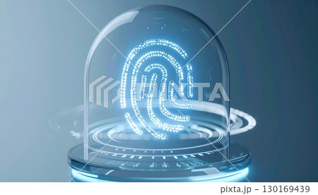 futuristic digital fingerprint display enclosed in glass dome with glowing light technology for biometric security concept 130169439