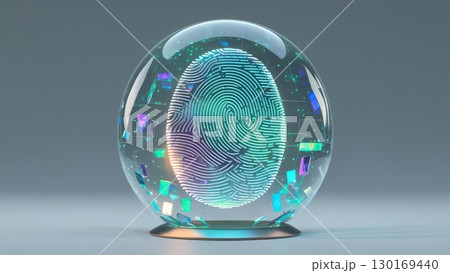 Highly detailed digital fingerprint scanner within a transparent spherical enclosure showcasing futuristic technology and biometric security concepts 130169440