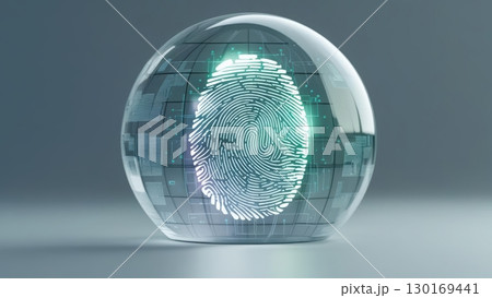Futuristic digital fingerprint enclosed in a transparent glass sphere with high-tech data circuit background representing biometric security technology 130169441