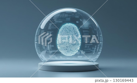 Modern biometric fingerprint scanner digital fingerprint identification technology with holographic interface concept for security authentication and access control 130169443