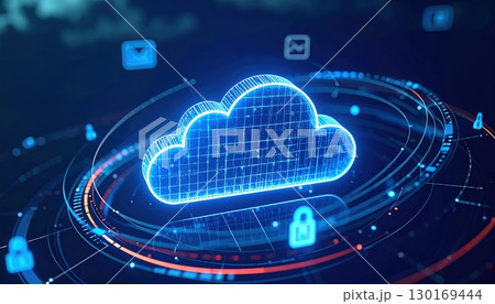 Digital Cloud Computing Illustration with Data Security Icons and Network Connections for Technology and Data Storage Concepts 130169444